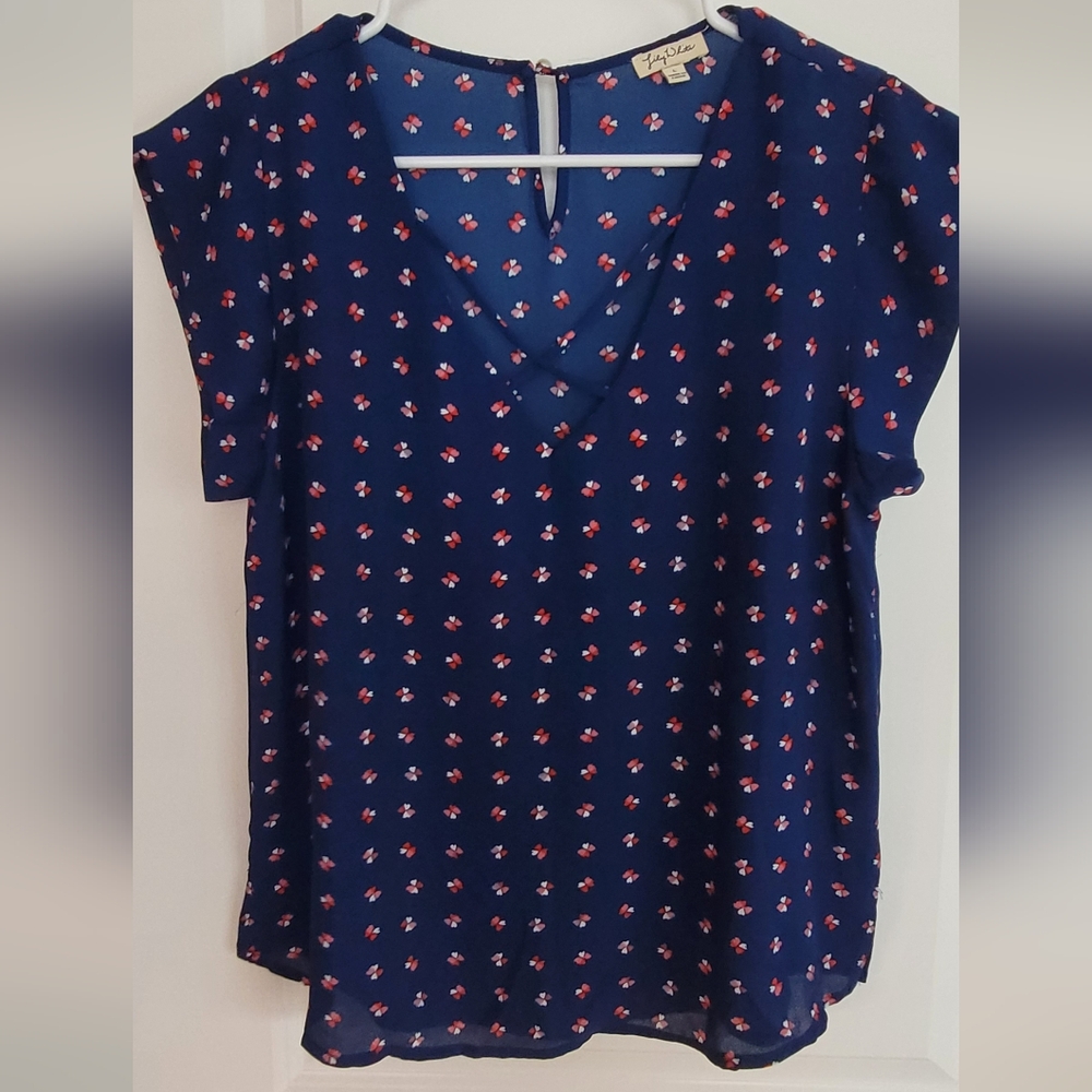 Lily White Blue Boxy Blouse with Pink and Red Floral Print